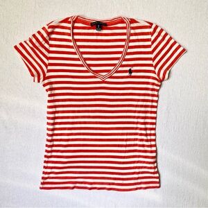 Ralph Lauren Pink and White Striped V-Neck Tee